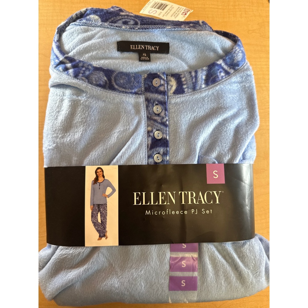 Ellen Tracy Womens Microfleece PJ Set Blue Paisley Henley Long Sleeve Pajamas S